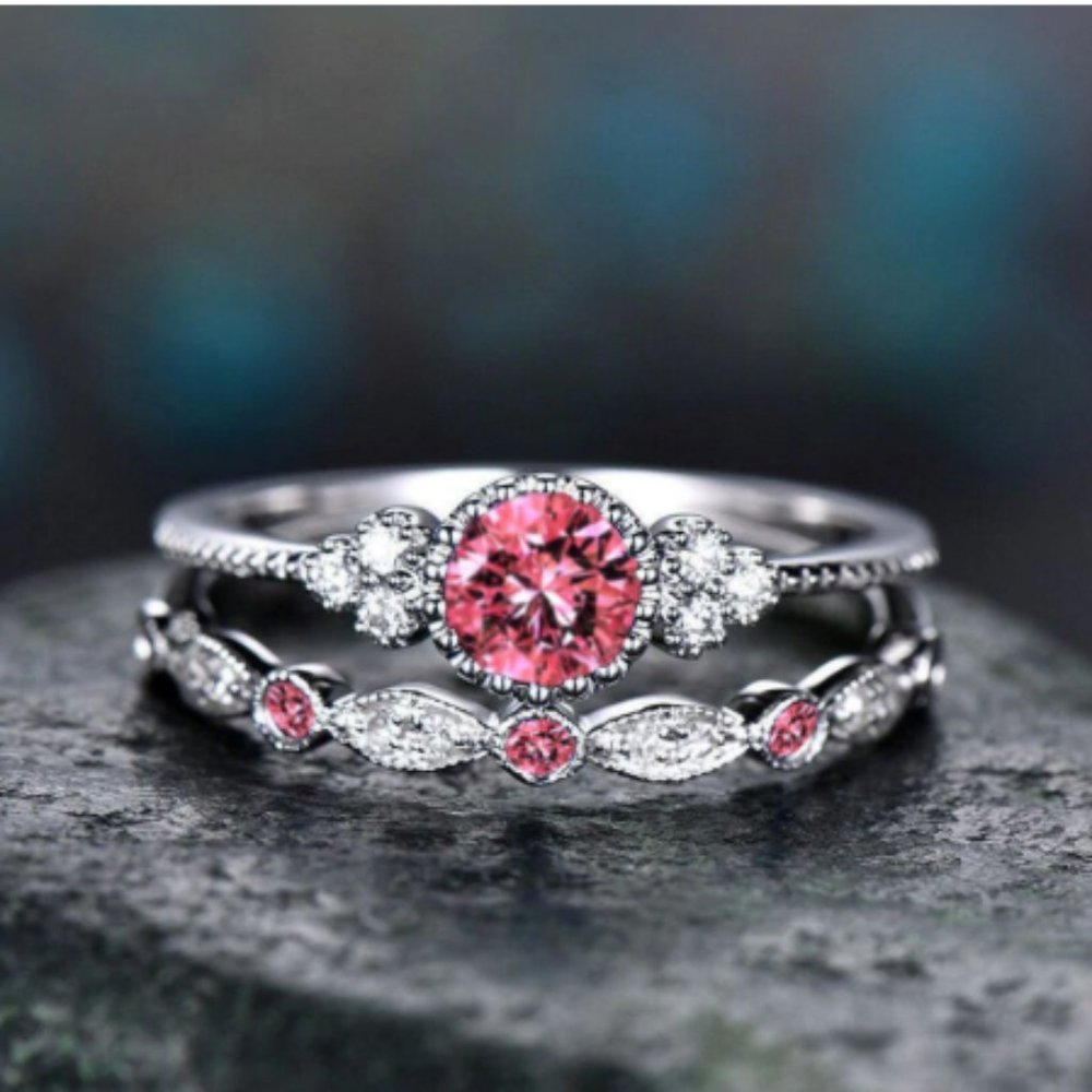Silver Round Cut Pink Cubic Zircon Ring Set